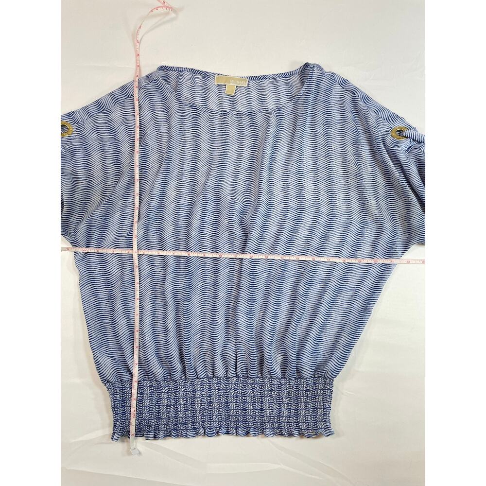 Michael Kors Blouse L Blue White Wave Stripe Grommet Smocked Hem Dolman Coastal - Picture 5 of 7